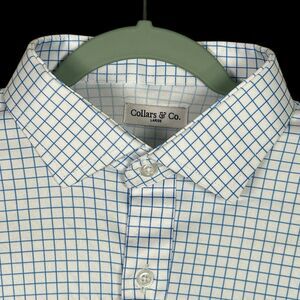 Collars & Co Polo Shirt Mens Large Blue Thin Check Quattro Flex Office Work NEW